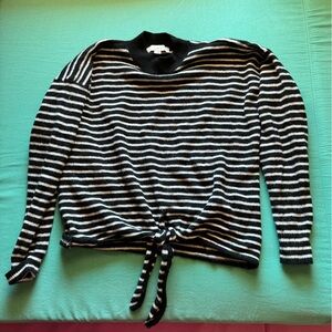 LOFT SWEATER Wool Blend Black & White STRIPE Mock Neck Tie Front PREPPY